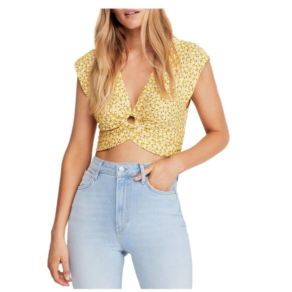 Free People Havana Honey Blouse Crop Cropped Top Short Sleeve Yellow New Large - Picture 1 of 10